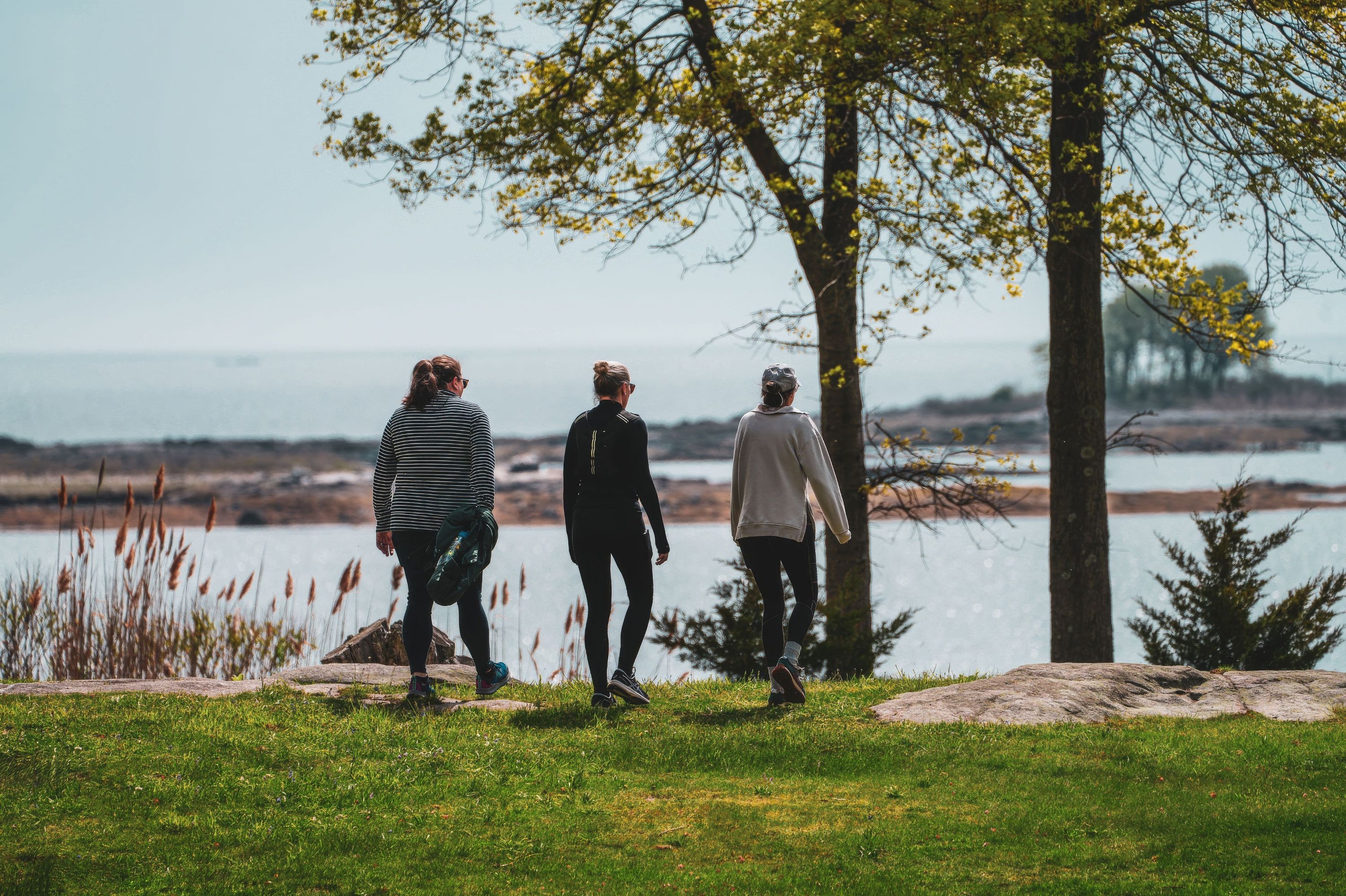 Three women strolling along a grassy coastal park path while enjoying views of water and trees on a sunny day.